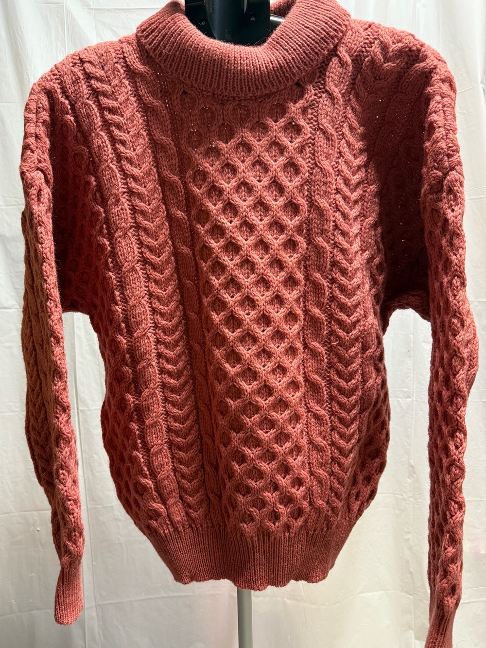 Vintage Irish Fisherman Sweater 100% Wool Cable Knit Pink Oversized S